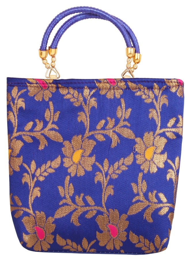 Indtresor beaded handcrafted brocade evening purse handbag vintage party wedding gift for women. Blue Gold - Image 1